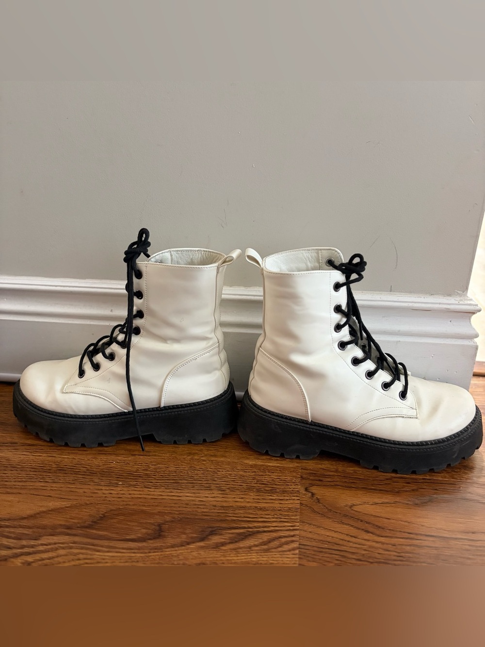 White Platform Lace-Up Combat Boots with Black Laces
